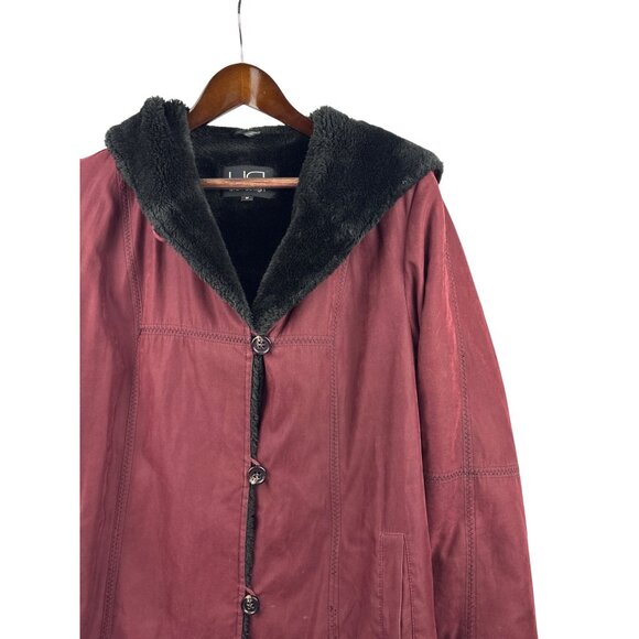 Women’s Utex Design Medium Long Burgundy & Black Fur Lined Hooded Suede Coat - Picture 2 of 6
